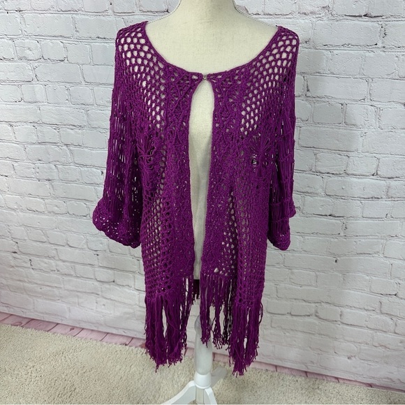 Resortwear purple Bohemian boho cardigan shawl cape coastal cowgirl fringe knit - Picture 4 of 5